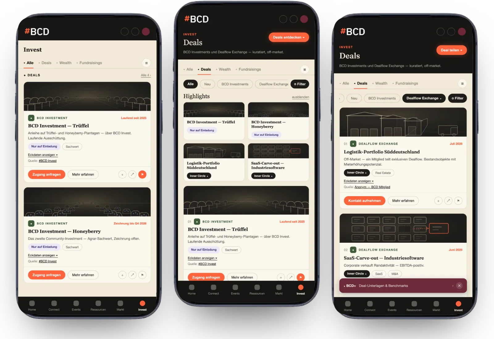 Invest, Deals und Dealflow Exchange in der BCD App
